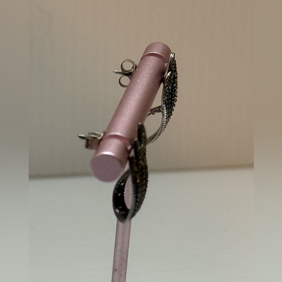 Estate Art Deco Sterling Silver Marcasite Swirls Drop Earrings Pierced Antiqued - Picture 4 of 8